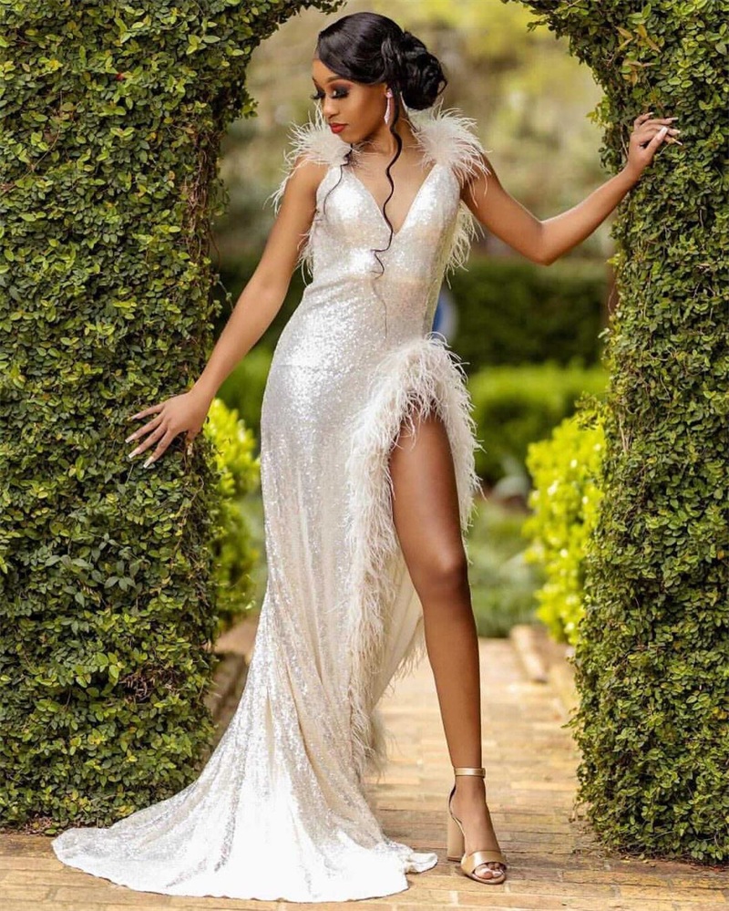 Glitter Mermaid Wedding Dress Luxury Feather Sequins Sexy Side Split Bridal Dresses Custom Made Deep V Neck Backless SweepTrain Robes De Mariée