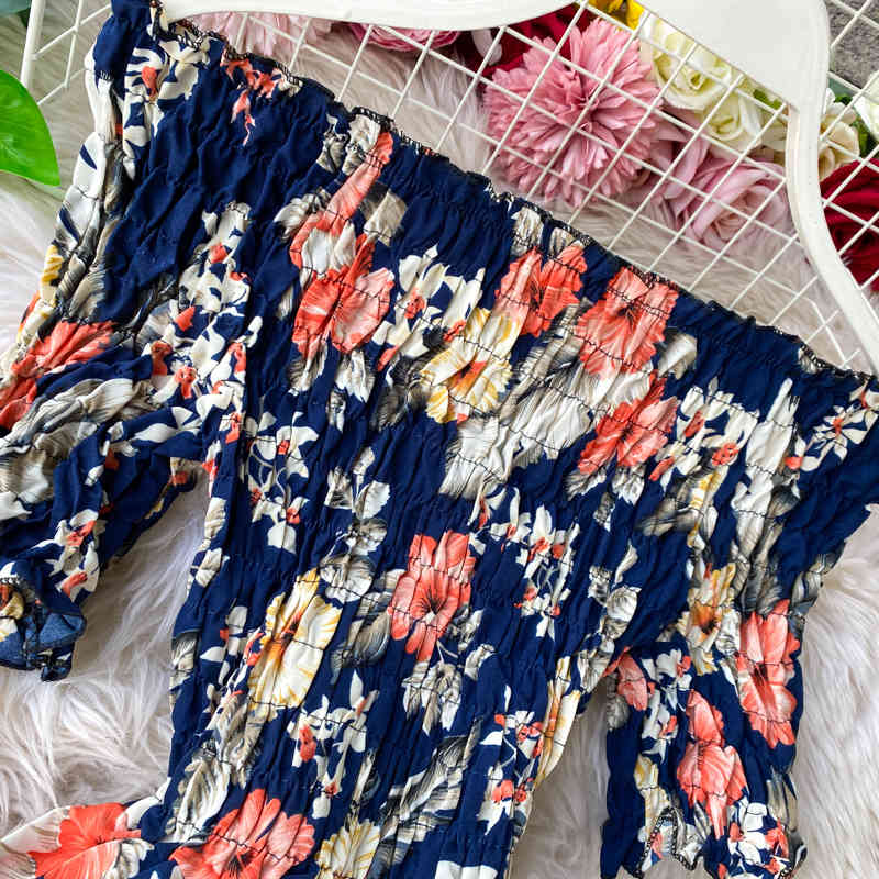 Bohe Floral Dress Women Sexy Off Shoulder Spring Summer Vestidos Short Sleeve High Waist Stretch Dresses 210521