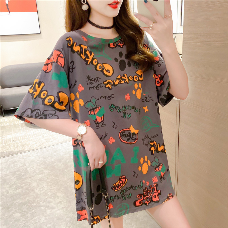 GCAROL Summer Women Cartoon Long T-shirt Oversized Letters Graffiti Multi-Printed Cute Stretch Streetwear Tees Plus Size XL 210406