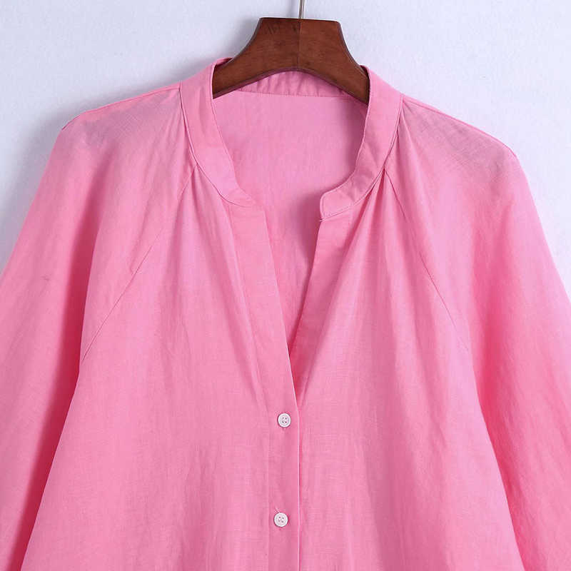 KUMSVAG Women Summer Linen Loose Shirts Dress V-Neck Long Sleeve Female Elegant Vintage Knee-Length Dresses Vestido OYK2509 210630