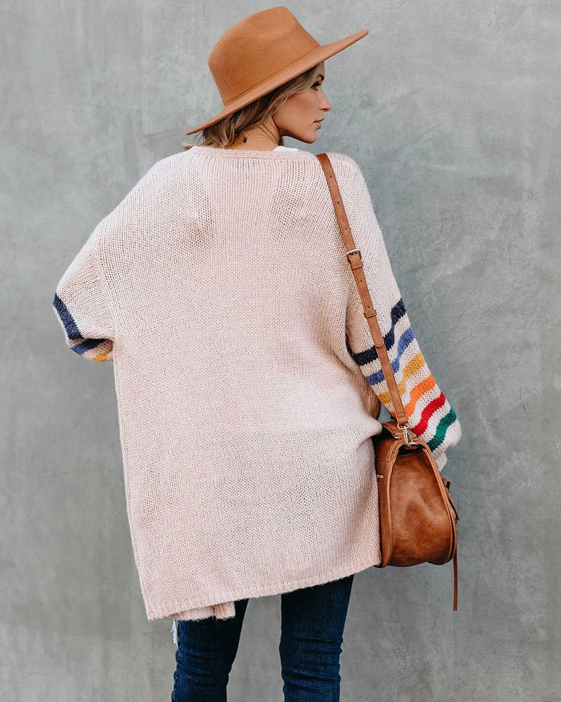 Fitshinling Rainbow Striped Boho Cardigan Winter Long Coat Female Knitwear Pink Slim Sweaters Cardigans For Women Clothes 210812