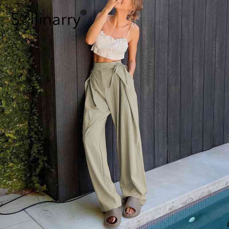Sollinarry Elegant elastic waist bandage wide-leg long women pants Solid straight-leg trousers High street loose pants autumn 210709