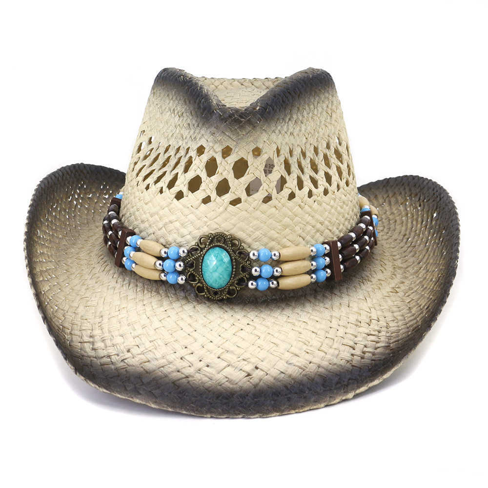 Men Natural Straw Western Cowboy Hat Handmade Weave Curling Brim Cowgirl Summer Hats Sombrero Cap Q0805
