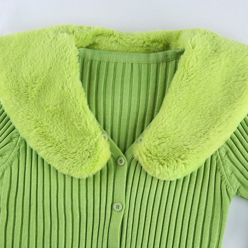 Vintage Removable Faux Fur Lapel Knitting Cardigan Women Buttons Long Sleeve Crop Sweater Twist Stripe Jumper Short Knitwear 210429