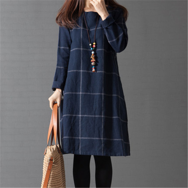 arrival Long Sleeve plaid Loose Cotton Linen Women Dress Spring and Autumn Dreeses Korean style 210514