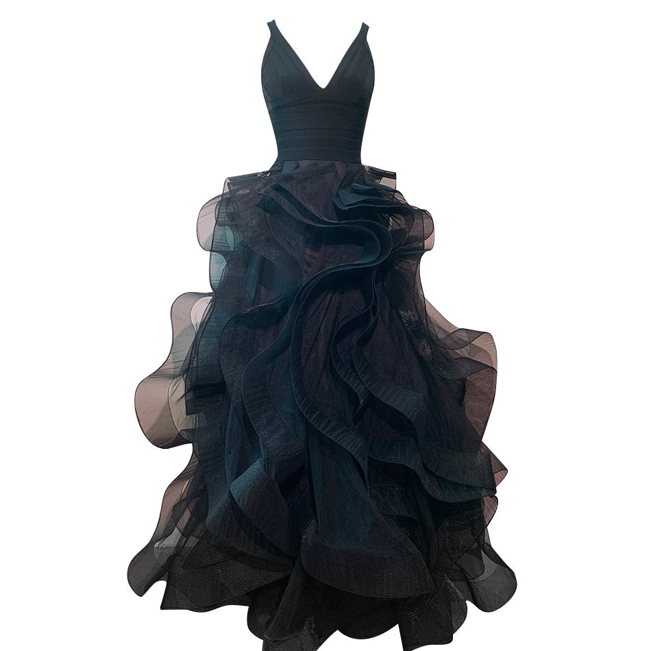 Summer Women's Spaghetti Strap Lace Bandage Dress Sexy V Neck Ruffles Floor Length Celebrity Party Evening 210423