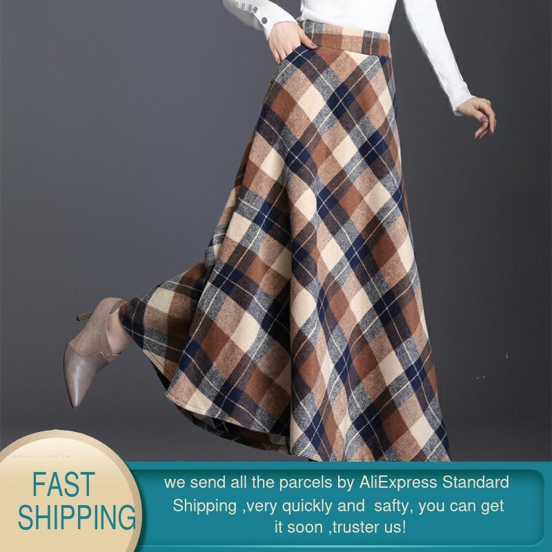Skirt Womens Autumn Winter Plus Size3XL Elegant Korean Style Fashion Plaid Tall Waist Long Clothing Thickening 210428