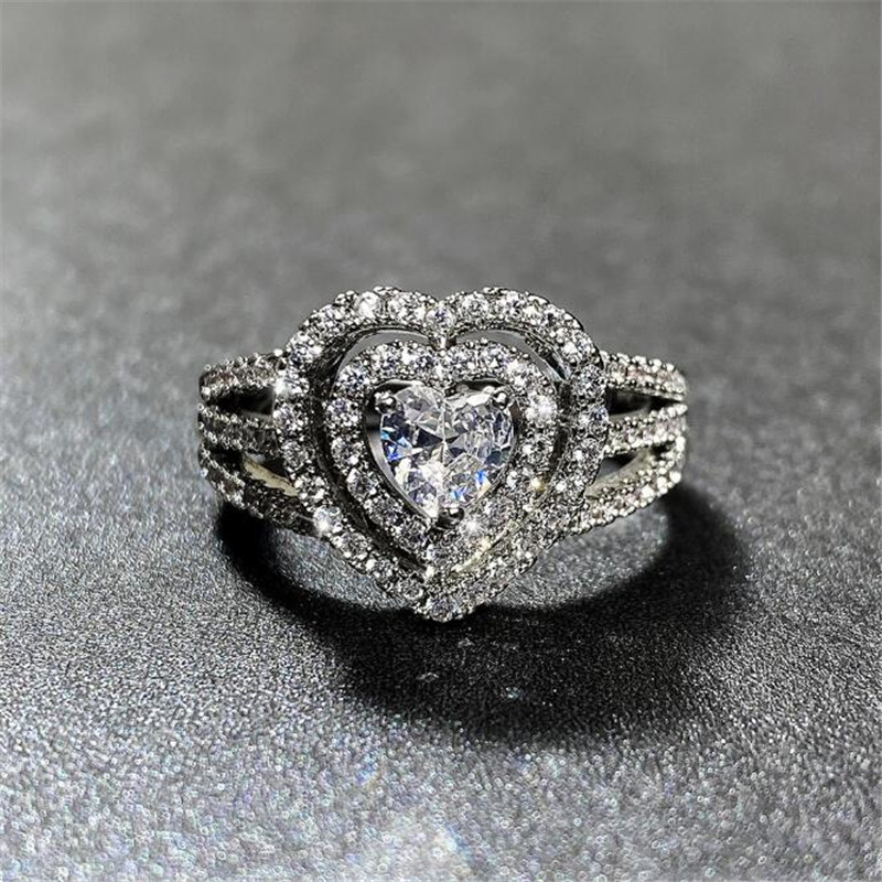Ins Top Sell Wedding Rings Luxury Jewelry 925 Sterling Silver Handmade Pave White Sapphire CZ Diamond Gemstones Eternity Women Bridal Heart Ring For L