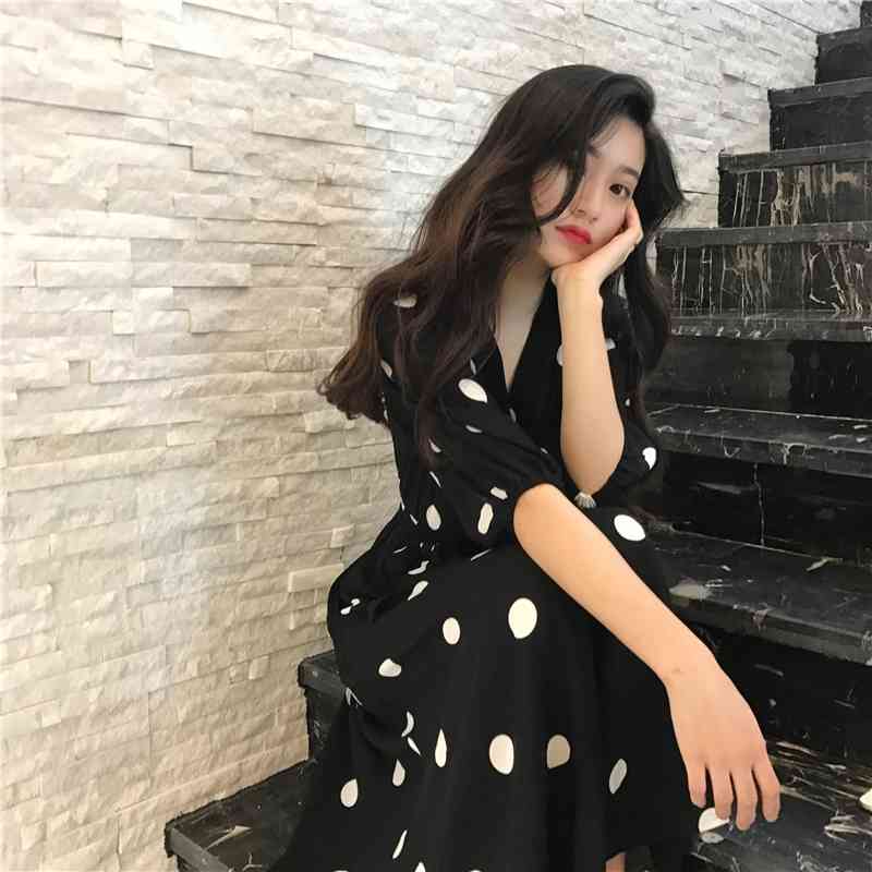 Fashion V-neck Ladies Long Dress Casual Half Sleeve Dot Dress Female New Dresses SuperAen Summer Women's Dress Korean Style 210331