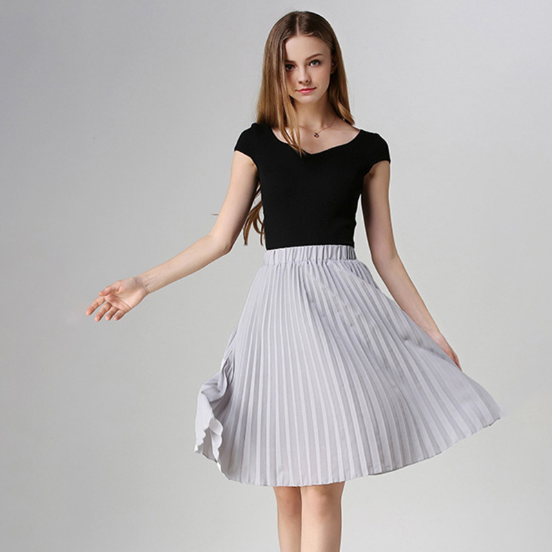Solid Pleated Skirts For Women Summer New Korean Style Knee Length High Waist School Sun Skirt Chiffon Women's Mini Skirt 210415
