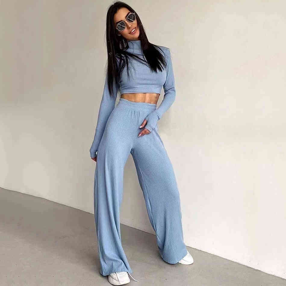Free Women's Rib Knit Suit Casual High Neck Long Sleeve Turtleneck Short Top & Wide Leg Pants Two-Piece Set 210524