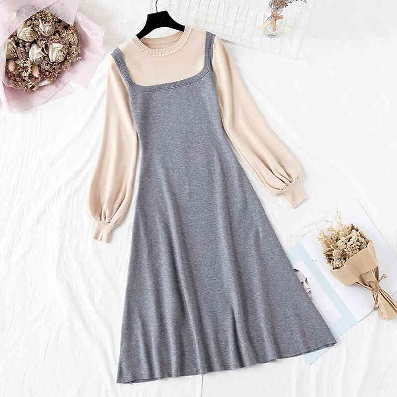 Spring Autumn A-line Knitted Dress Women Elegant Patchwork Slim Sweater Dress Lantern Sleeve Party Vestidos High Quality 210521