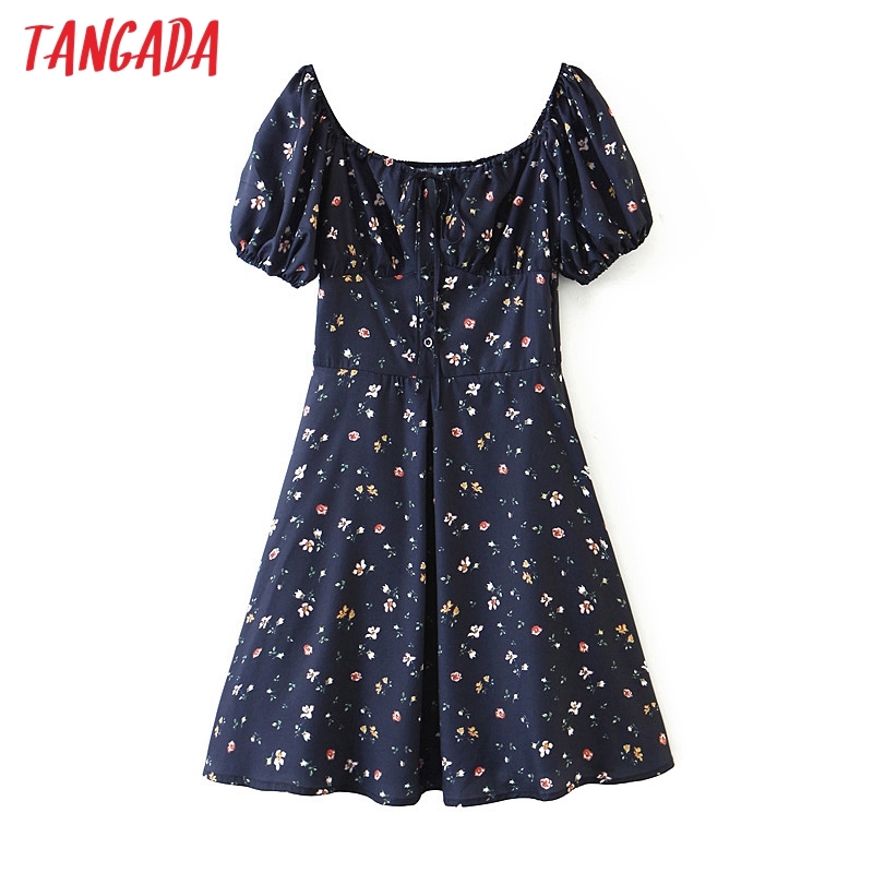 Women Flowers Print Summer Puff Short Sleeve Buttons Ladies Mini Dress Vestidos 8M3 210416