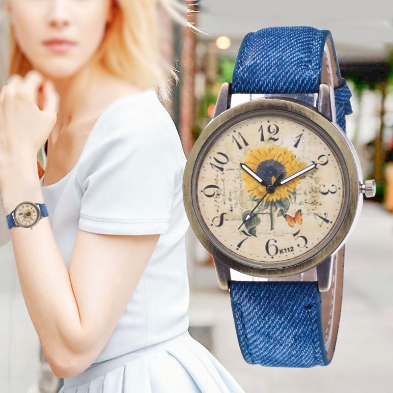 

Women Personality Vintage Sunflower Print WristWatch Girl Gift Fashion Watch Clock Leather Brand Analog Quartz Round Watche Wristwatches