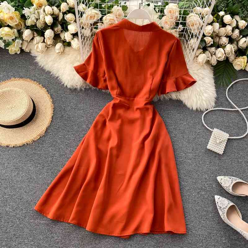 Elegant Office Lady Sweet Ruffle Dress Women Korean Chic Casual Short Sleeve Lace-up Vintage Summer Dresses Robe 210422