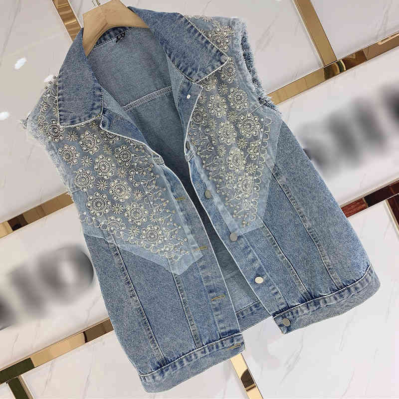 Casual Patchwork Lace Vest Coat For Women Lapel Sleeveless Loose Denim Jackets Female Fashion Clothing 210524