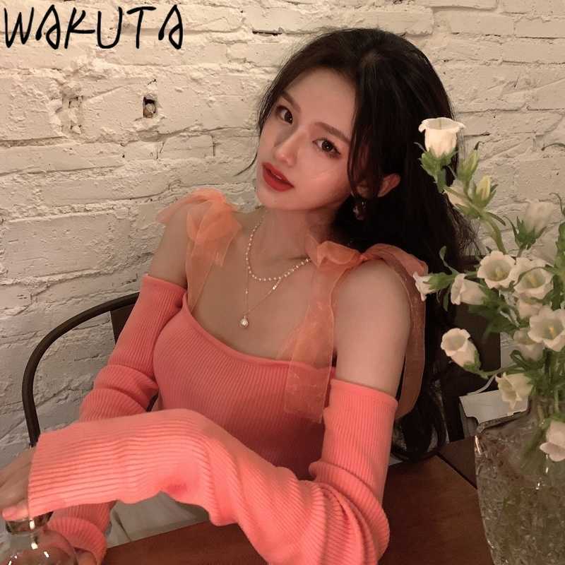 WAKUTA Korean Girls Knitted Tops Mesh Bow Tie Sexy Off Shoulder Black Pullovers Skinny Elegant Short Jumper Womens Clothes 210918