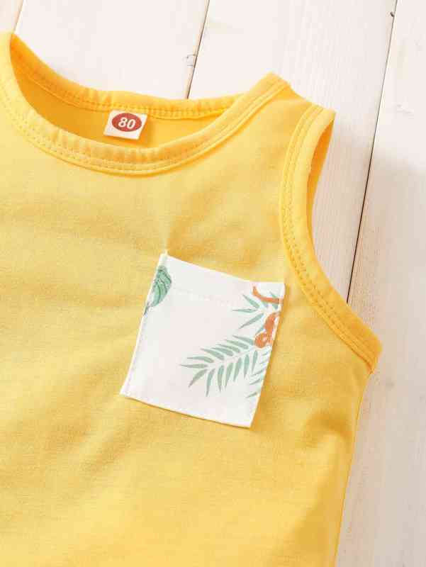 Baby Monkey & Tropical Print Patched Pocket Tank Top & Shorts SHE