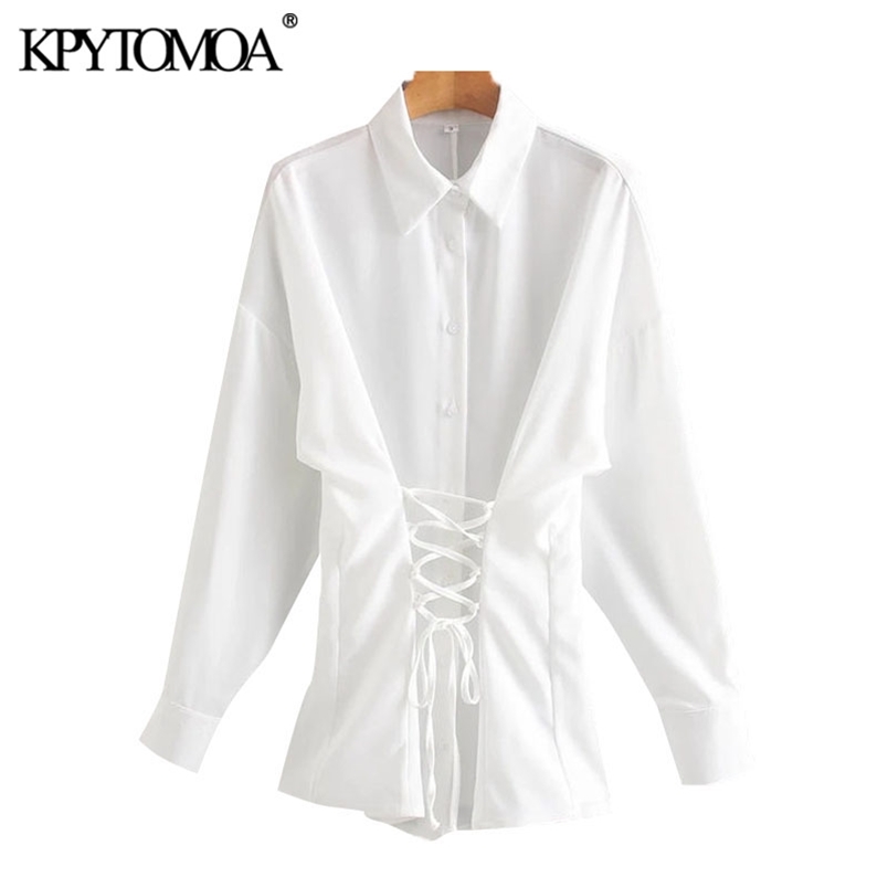 Women Fashion Adjustable Waist With Bow Soft Touch Blouses Long Sleeve Button-up Female Shirts Chic Tops 210420