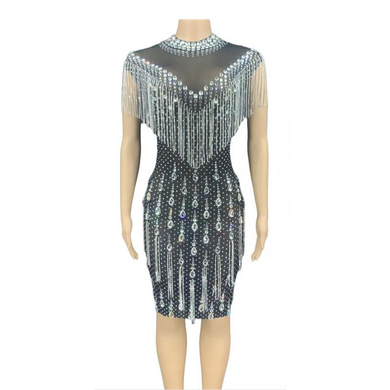 Casual Dresses Women Sexy Sparkly Silver Rhinestone Black Fringe Transparent Short Dress Evening Birthday Celebrate Prom Bar Dancer Mesh, As pic
Casual Dresses Women Sexy Sparkly Silver Rhinestone Black Fringe Transparent Short Dress Evening Birthday Celebrate Prom Bar Dancer Mesh, As pic