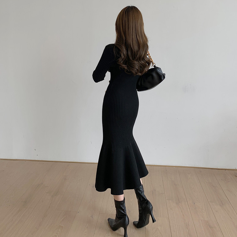 Autumn Winter Bottoming Dress Elegant Slim-fit Long Knitted Women OL Style Package Hip Fishtail es 210421
