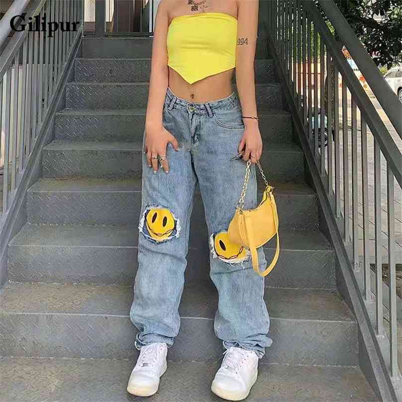Printed Jeans Women Fashion Mom Baggy Straight Leg Pants Blue Loose Ripped Denim Trousers Long High Waist Streetwear 210922