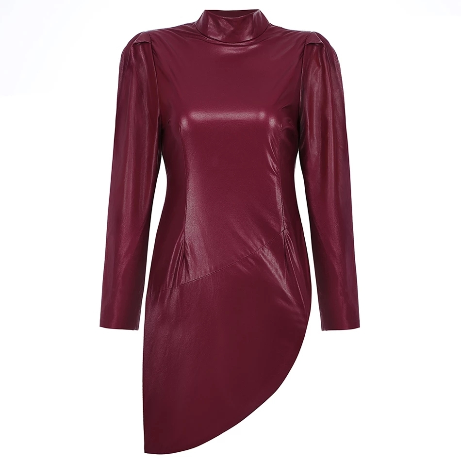 Free Elegant Women's Burgundy Faux Leather Dress Stand Collar Long Sleeve Bodycon Irregular Club Party 210524