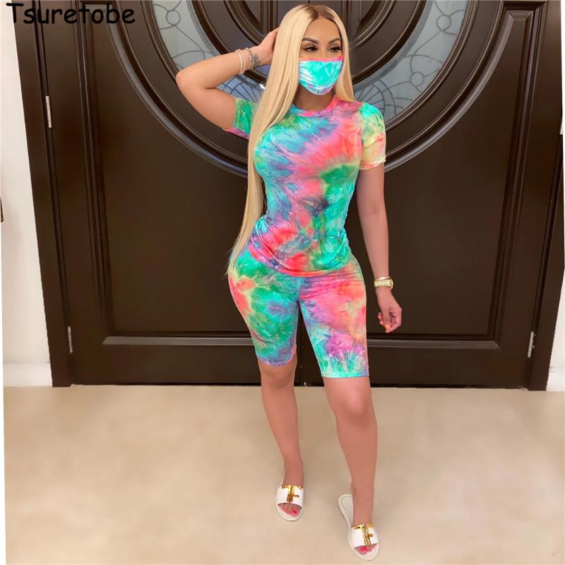 Tsuretobe Tie Dye Print 2 Piece Set Women Outfit Top And Biker Shorts Summer Clothes For 2021 Night Club Matching Sets Two Dress