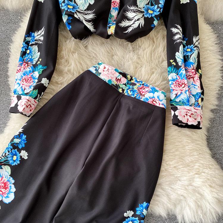 Women's Two Piece Pants 2021 Women Ins Fashion Print Runway Suit Color Contrast Lapel Long Sleeve Shirt + High Waist Slim Pencil Set