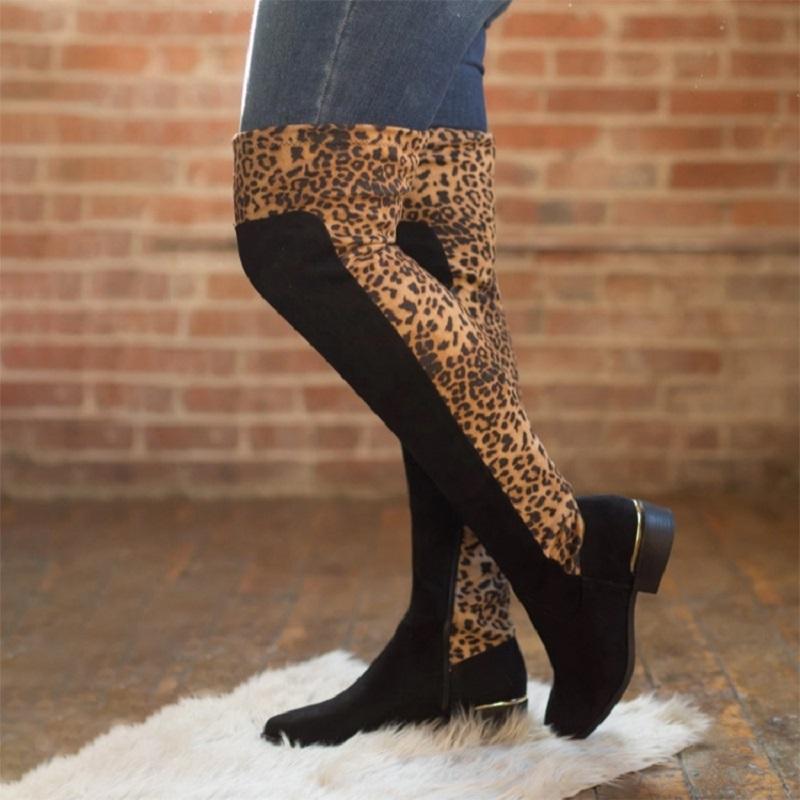 Elegant Women's Thigh High Boots - Round Toe, Comfortable Low Heels, Multiple Color Options Including Leopard