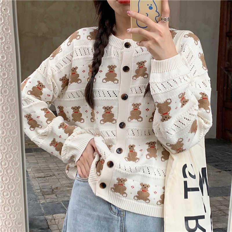 PERHAPS U Women Short Thin Sweater Knitted O Neck Crew Cardigan Button Polka Beige Bear Cartoon Outwear Autumn M0144 210812