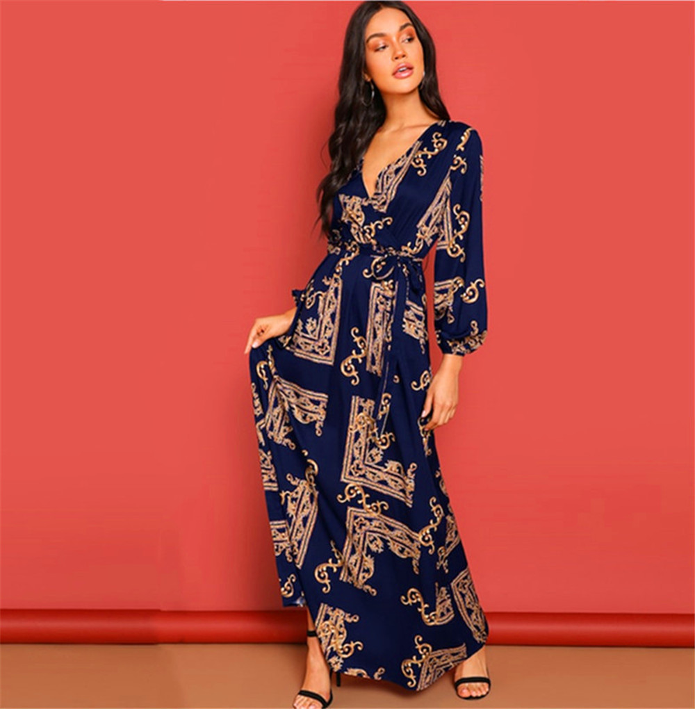 Women Dress Retro Party es V Neck Lantern Sleeve Printed Vintage Lace Up Loose Large Hem Long Summer es 210524