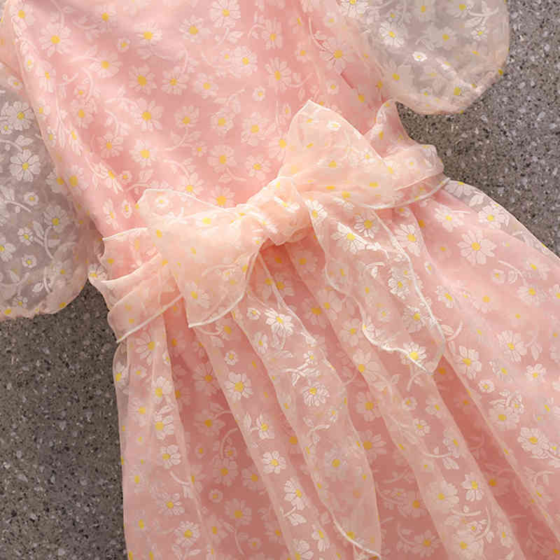 Fashion Summer Women's Sweet Square Collar Flowers Pink Chiffon Dress Slim Puff Sleeve Girls Lace Up Mini Dresses Plus Size 210519