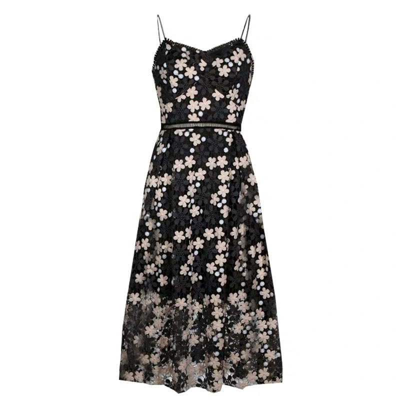 vintage flower embroidery high waist spaghetti robe longue elegant black sexy dress women summer SP lace midi dresses 210421