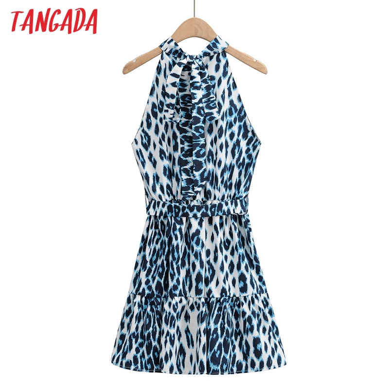 Summer Women Blue Leopard Halter with Belt Sleeveless Ladies Mini Dress Vestidos 1F93 210416