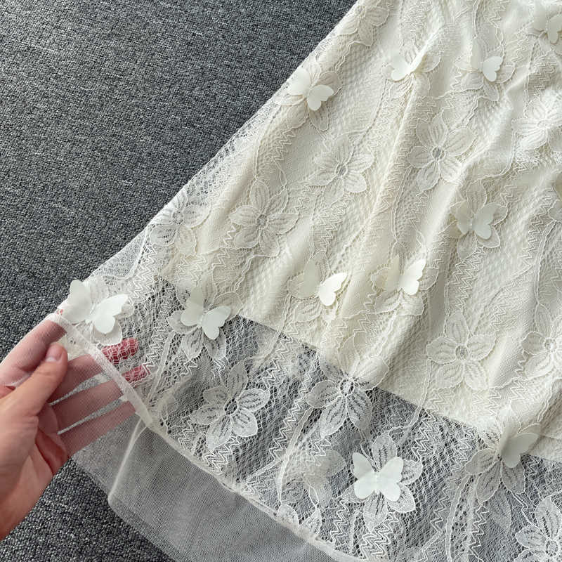 DEAT Women Lace Dress Butterfly Short Sleeve Arrivals Lady Temperament Fashion Spring Summer 11D577 210709