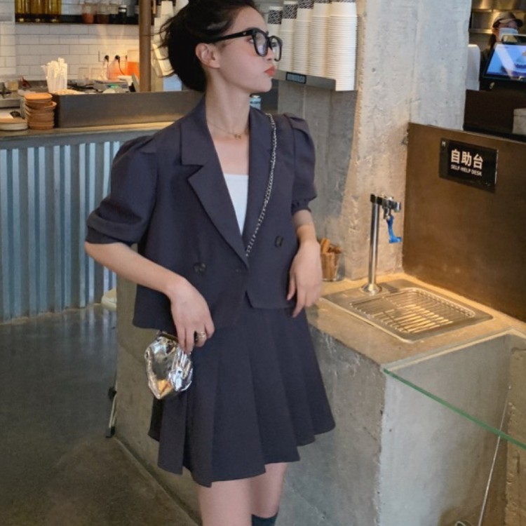 Korean Fashion Office Ladies Women Summer 2 Piece Set Puff Sleeve Blazer Coat + Mini Pleated Skirts Suit 210519