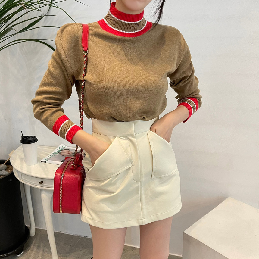 Autumn Winter Turtleneck Knitted Sweater Women Casual Hit Color Striped Pullovers Female Office Lady 210519