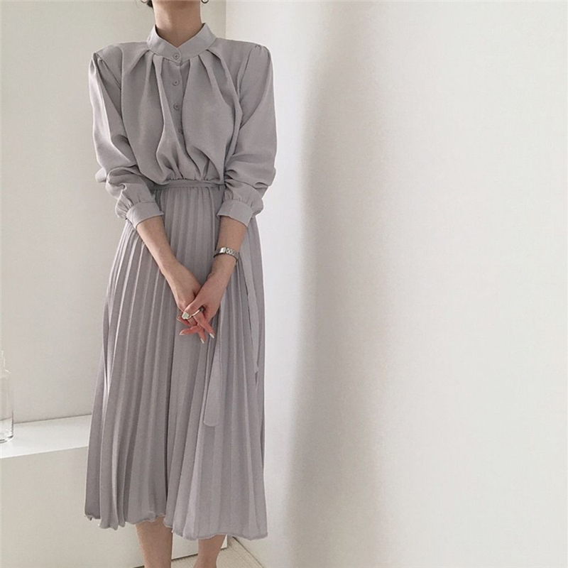 Fashion Chic Stand Waist-Controlled Slim Brief Autumn Pleated Solid Elegance A-Line High Waist Women Long Dresses 210421