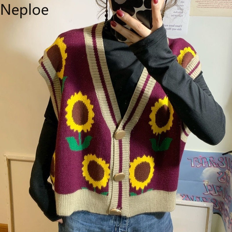 Neploe Woman Sweaters Knit Print Pullovers Vest Women New Fashion Sleeveless Jumper Tops V-neck Loose Knitwear Tank 4G473 210422