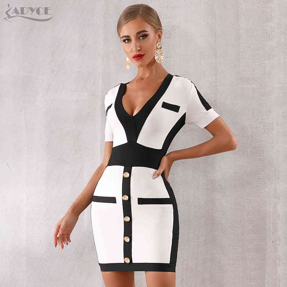 ADYCE New Summer Women Fashion Bandage Dress Celebrity Evening Party Dress Sexy Deep V Short Sleeve Mini Bodycon Club Dress 210331