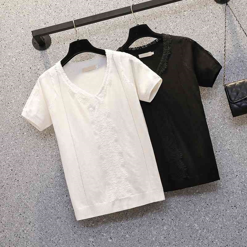 M- large size women lace Patchwork kint sweater short sleeve v neck solid Oversized Summer thin pullover jersey mujer 210604, Black
M- large size women lace Patchwork kint sweater short sleeve v neck solid Oversized Summer thin pullover jersey mujer 210604, Black