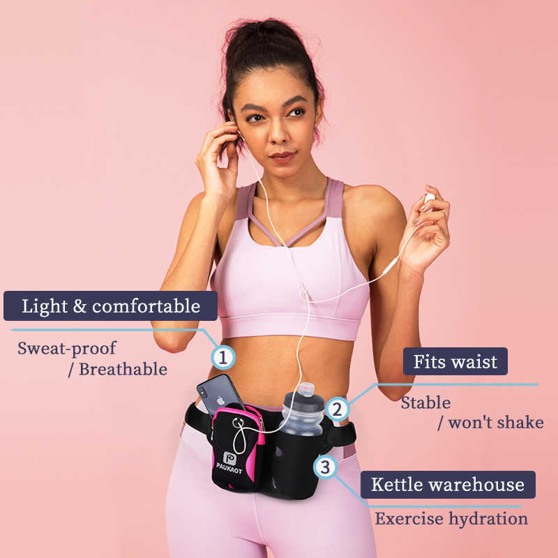 PAUKAOT Sport Running Bags With 500ml Water Bottle Waist Bag Men Women Fanny Pack Camping Hiking Bag Run Belt For Phone Pocket 210708