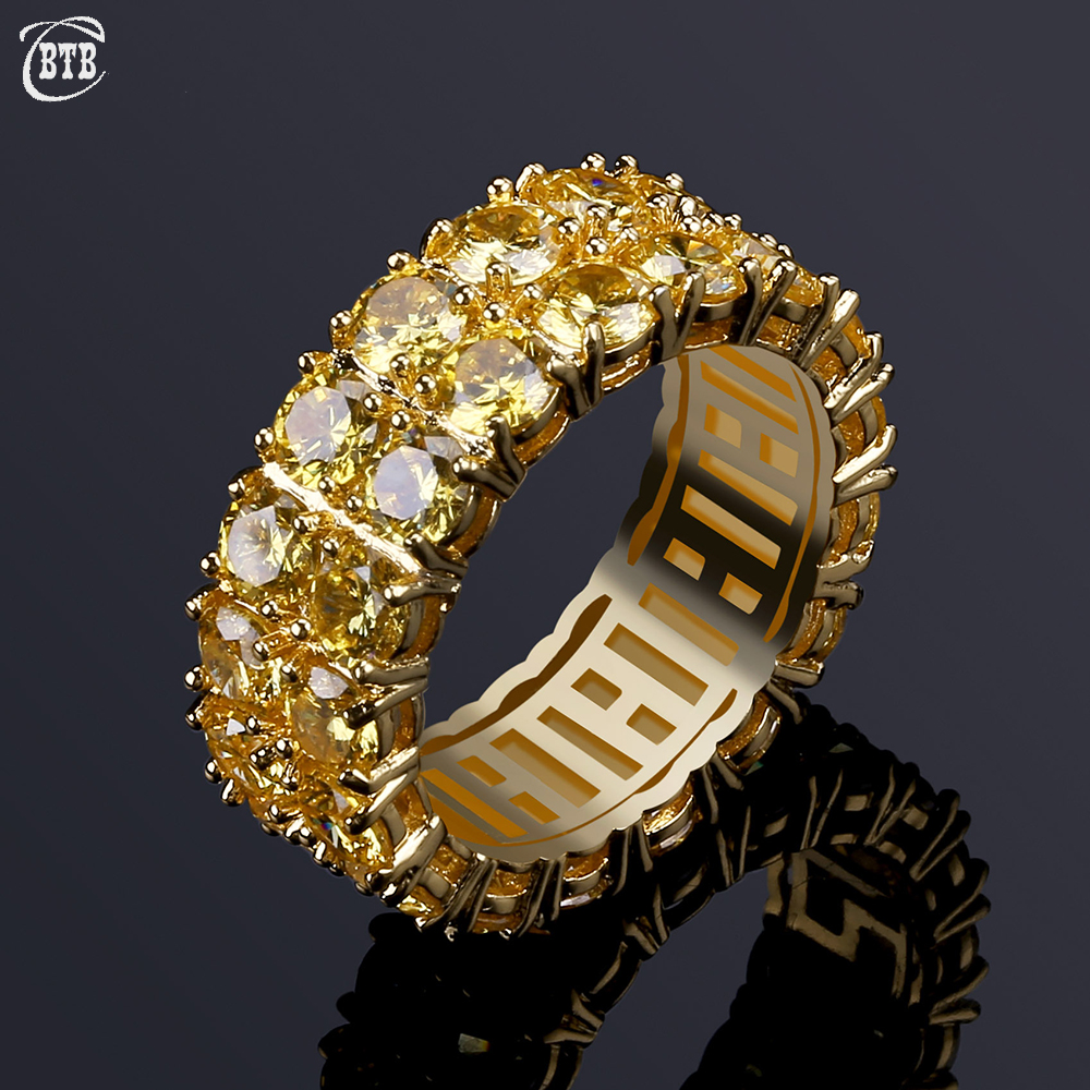 Design Gold Color Mens Ring Micro Pave 2 Row Chain Big 3A Gold Zircon Shiny Hip Hop Finger Rings For Men Women Jewelry