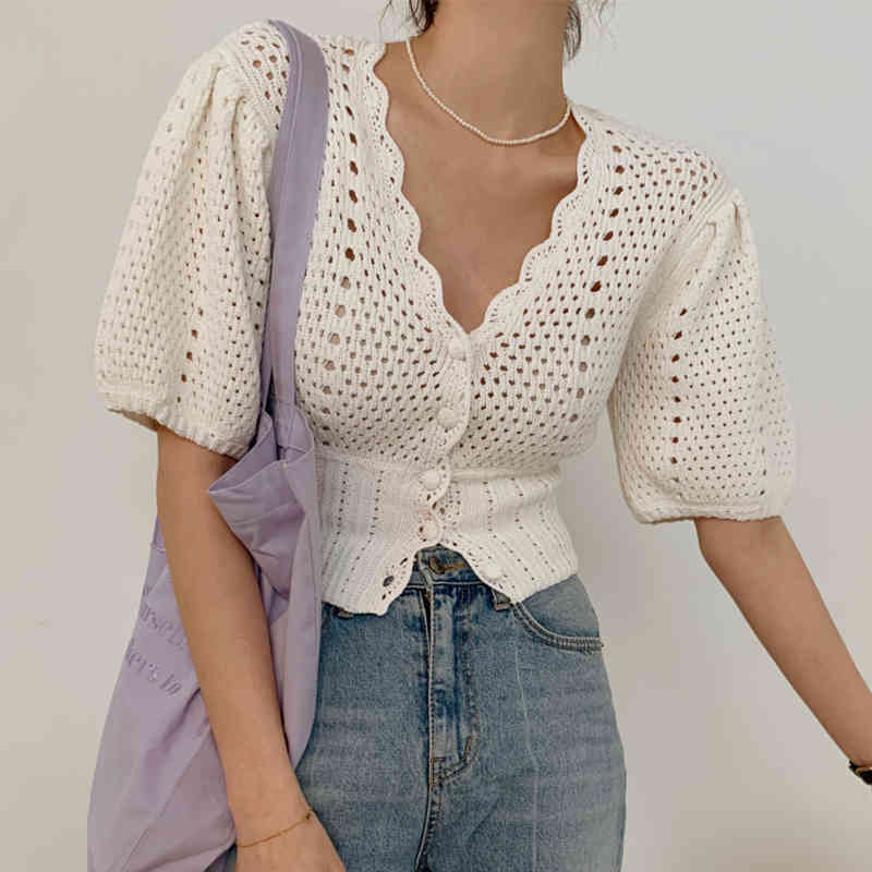 Women Sweater Summer Korean Chic Female Gentle Temperament V-Neck Single-Breasted Puff Sleeve Hollow Knit Cardigan 210514