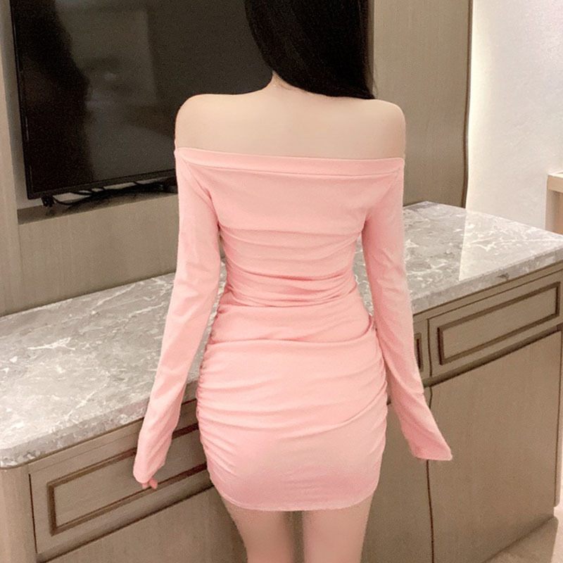 Spring Sexy V Collar Wrinkle Fold Thin Women's Dress Long Sleeve Solid Women High Waist Mini 12147 210427