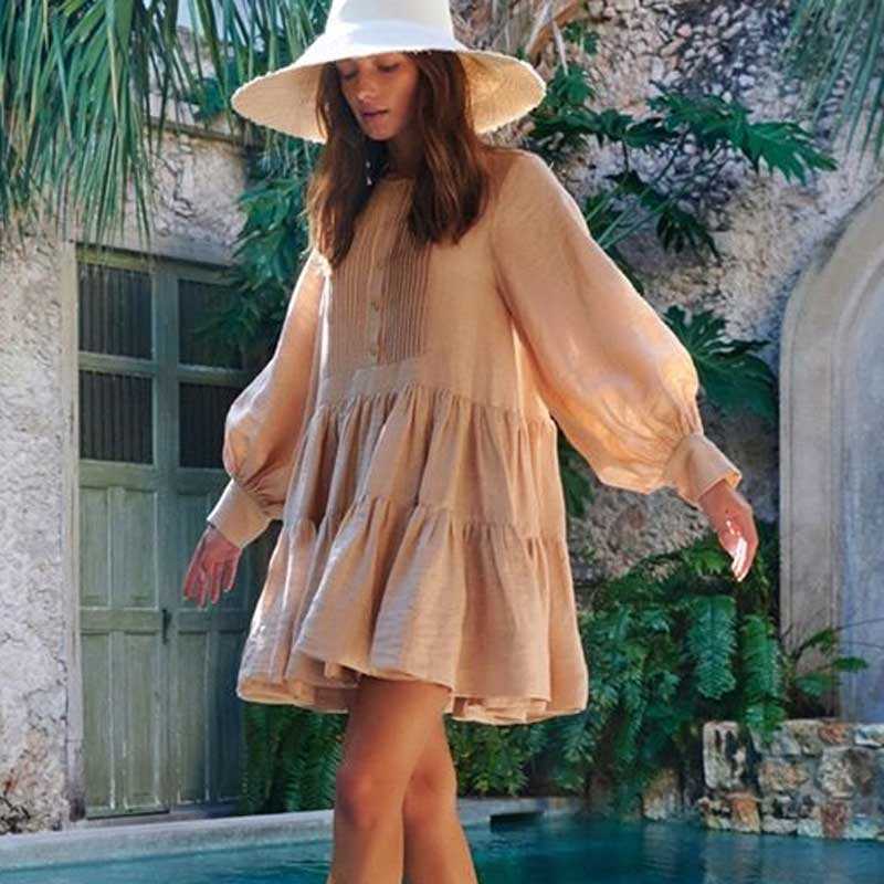 BOHO INSPIRED TIERED pleating women DRESS long sleeve spring autumn dress fashion ladies pockets mini sexy 210630