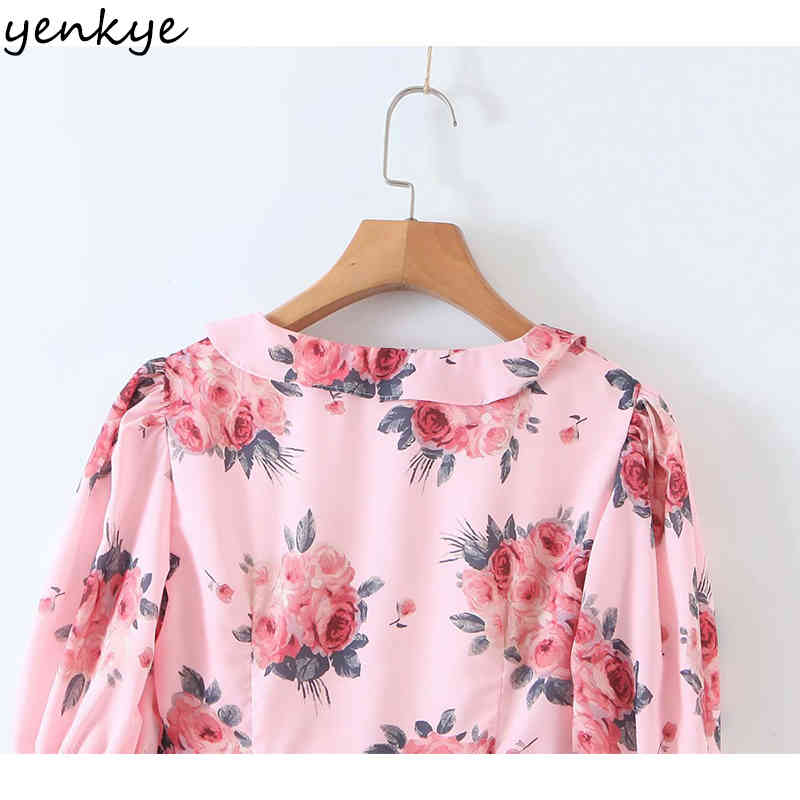 Sweet Women Floral Print Pink Holiday Summer Dress Puff Sleeve V Neck Vestido Mujer High Waist Ruffle A-line Mini 210430