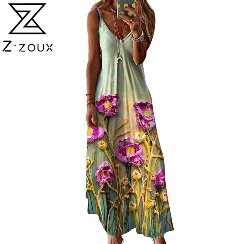 Women Dress Bohemia es Sexy Long Print Floral Maxi V Neck Sleeveless Spaghetti Strap Beach es 210513