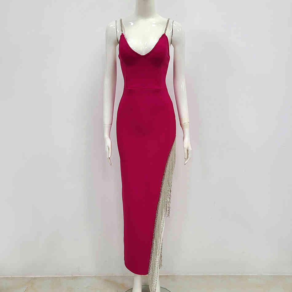 Free Ladies Runway Diamond Bandage Long Dress Strap Bodycon High Split Club Evening Party Vestidos 210524